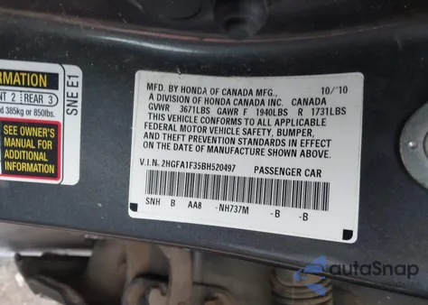 2011 Honda Civic Vp z USA, uszkodzony, nr VIN 2HGFA1F35BH520497